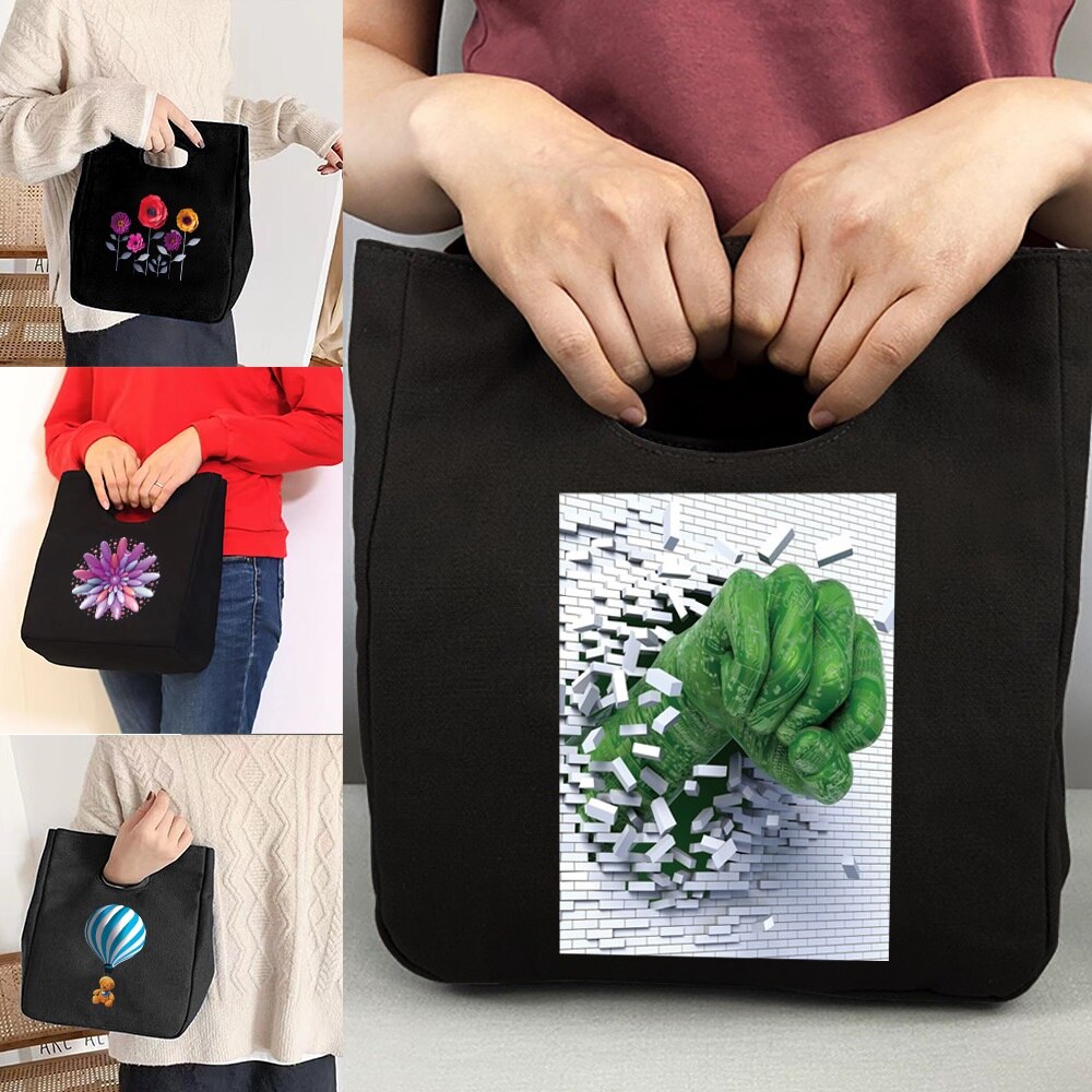 휴대용 토트 캔버스 열 점심 상자 점심 가방, 3D 인쇄 에코 구매자 저장 가방, 사무실, 여성 및 어린이를위한 피크닉 용